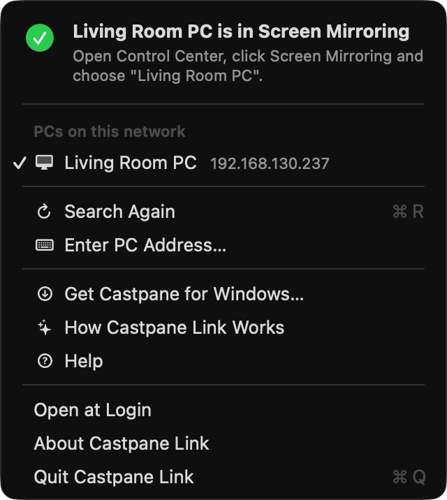 Screenshot of the Castpane Link menu in the Mac menu bar