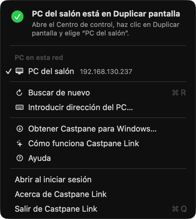 Captura de pantalla del menú de Castpane Link en la barra de menús del Mac