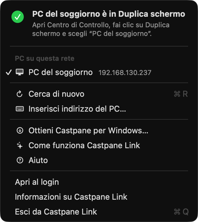 Screenshot del menu di Castpane Link nella barra dei menu del Mac