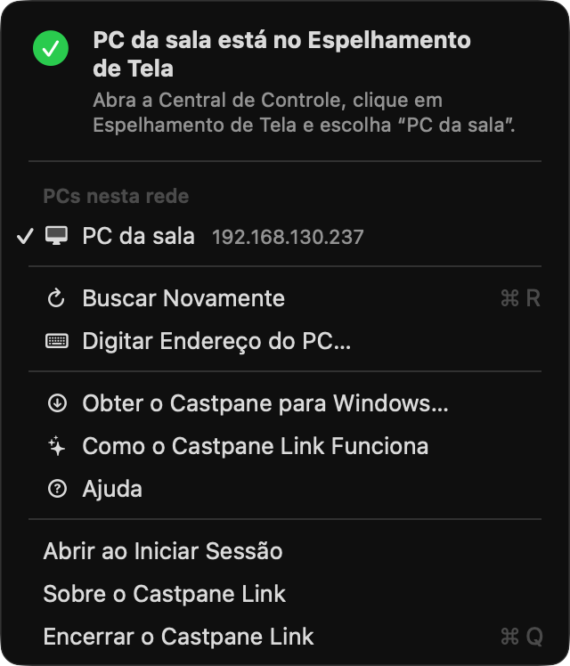 Captura de tela do menu do Castpane Link na barra de menus do Mac